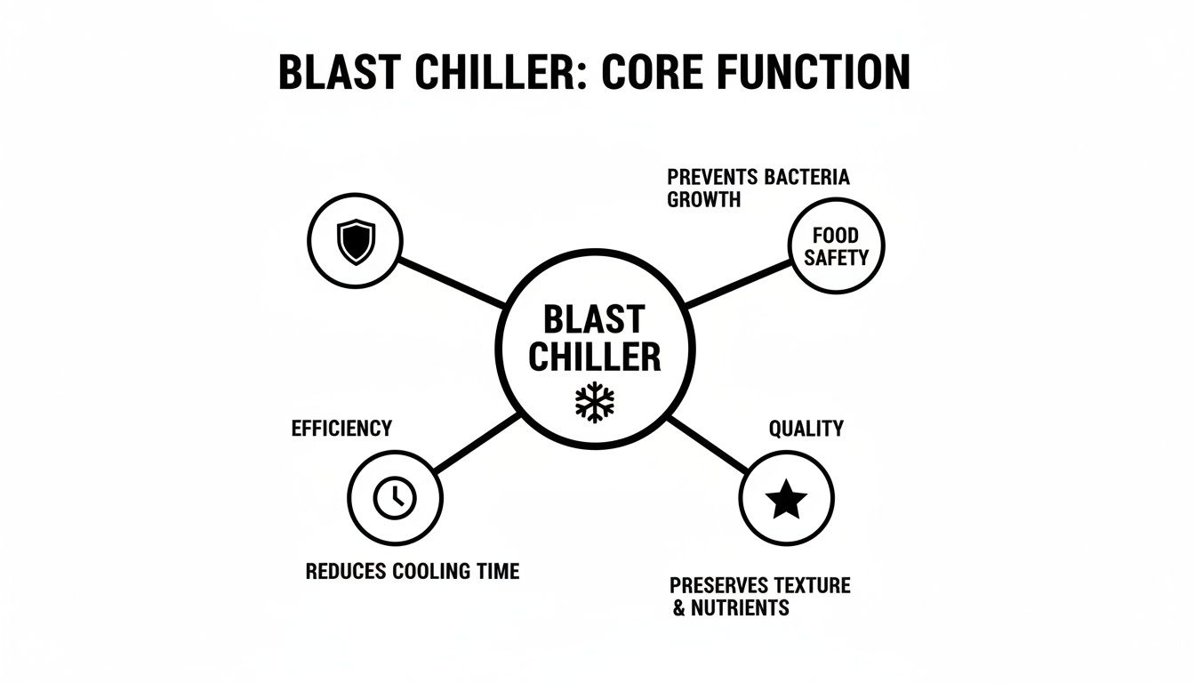 Diagram showing a blast chiller's core functions: food safety, quality, and efficiency with their benefits.