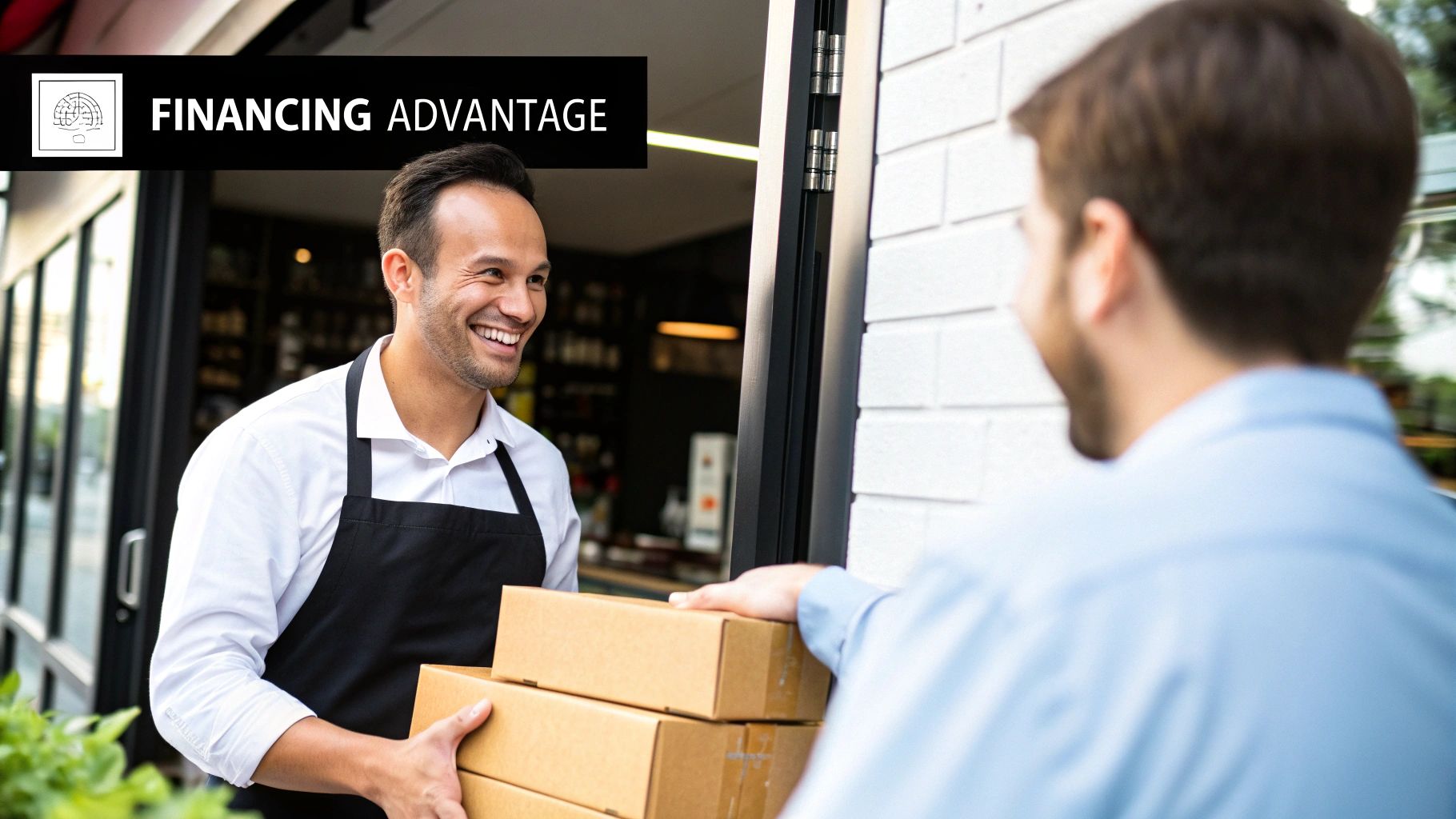 A smiling restaurant worker hands delivery boxes to a customer, with 'FINANCING ADVANTAGE' text.