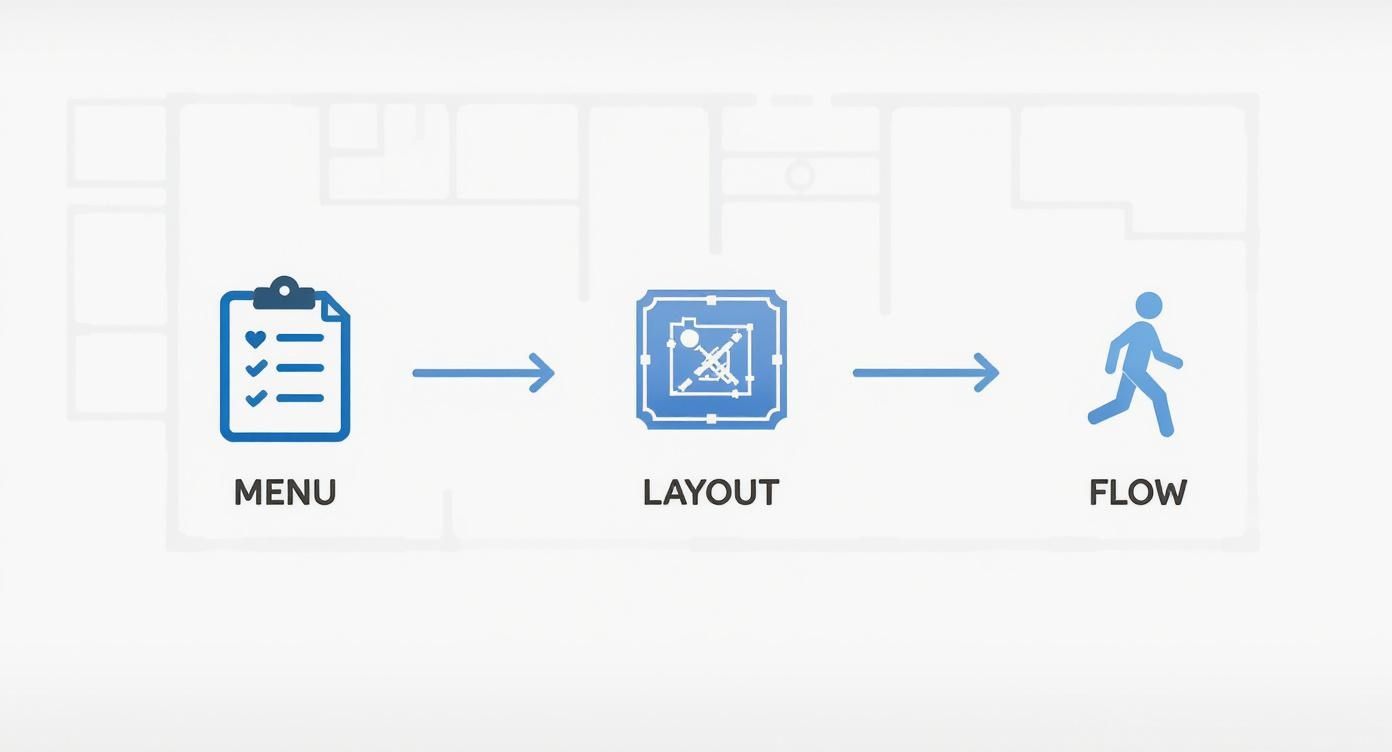 Flowchart illustrating menu planning, layout design, and operational flow for a restaurant kitchen.