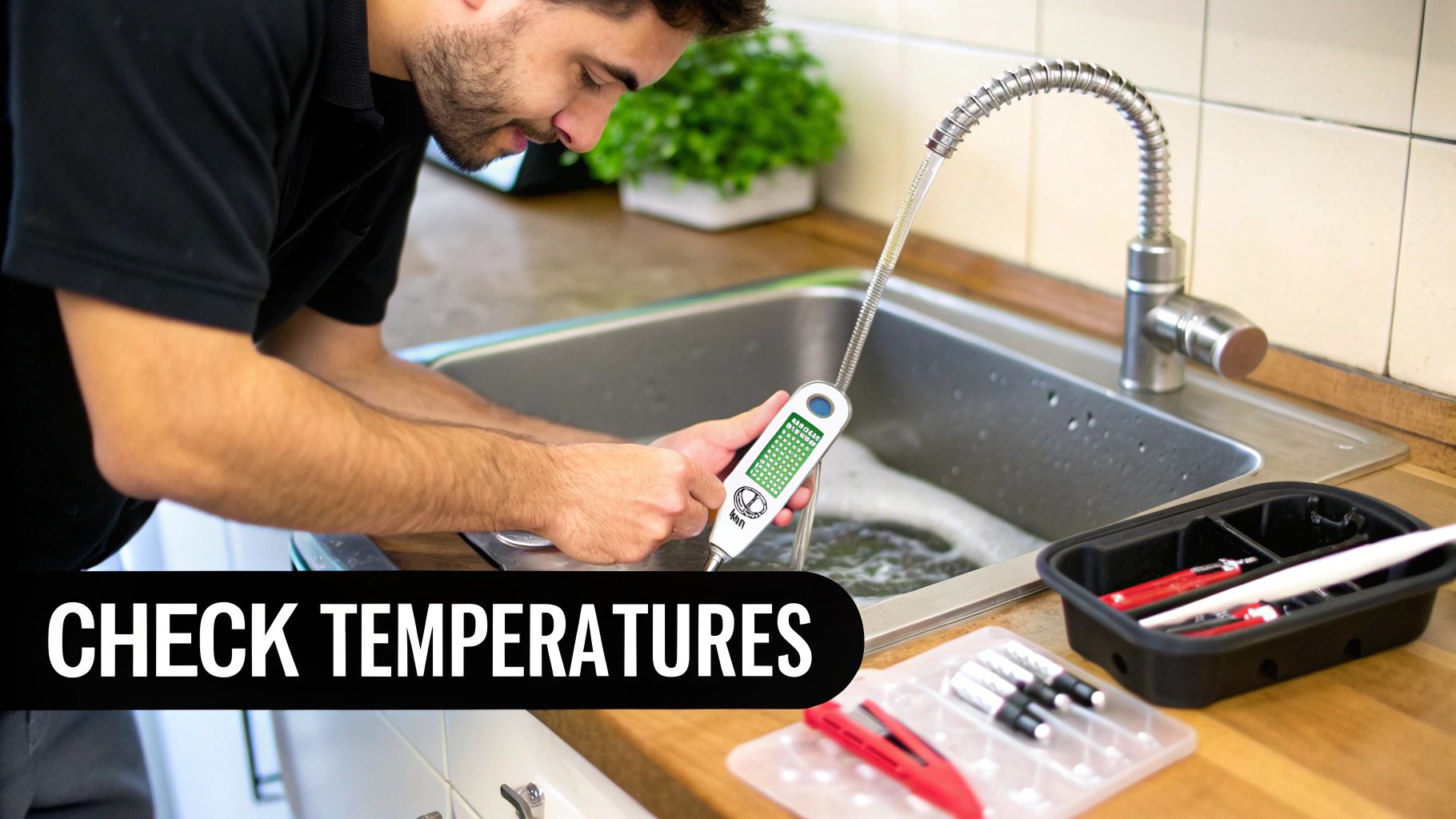 A man checks water temperature in a kitchen sink using a digital thermometer.
