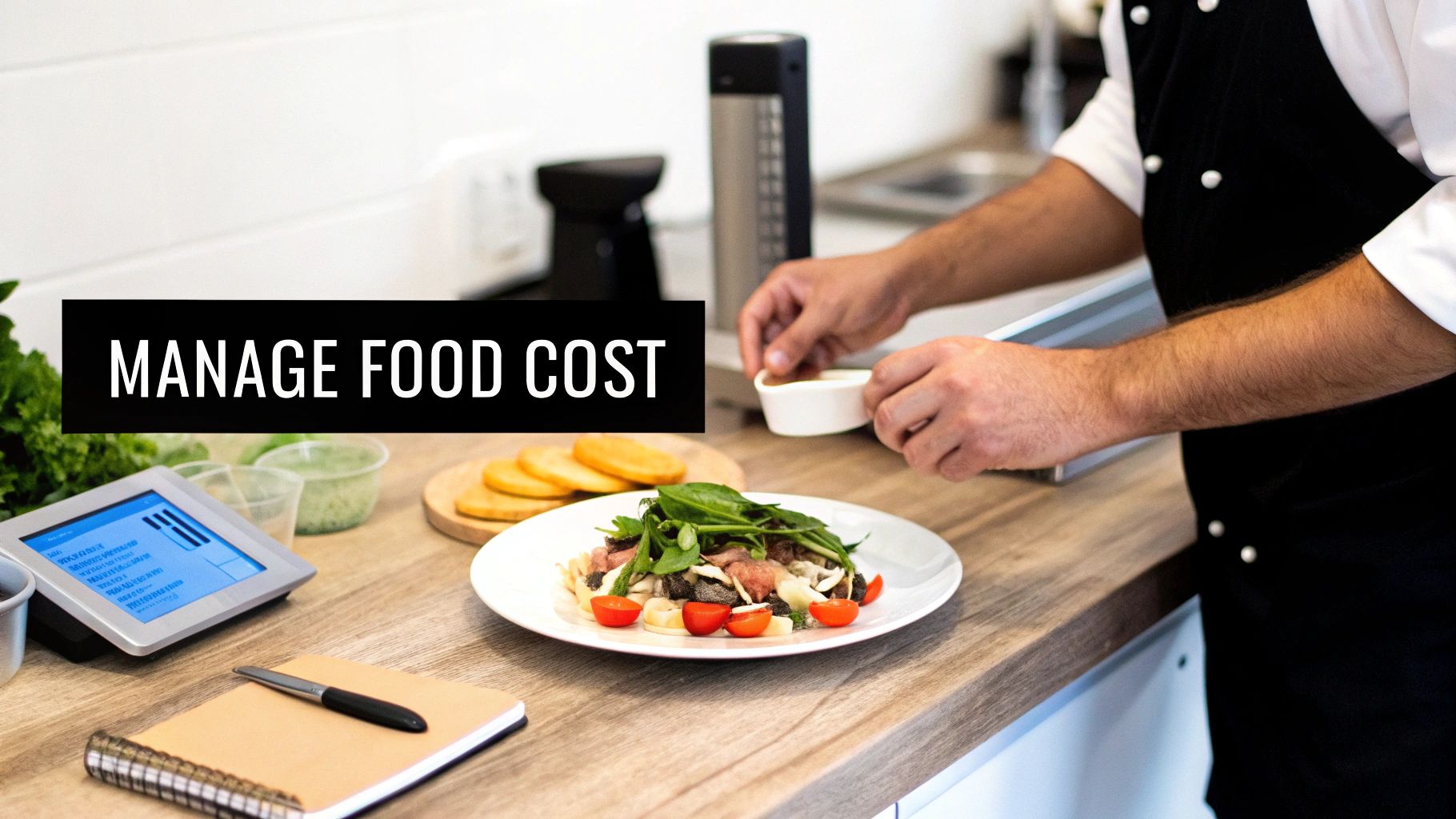 A restaurant manager reviewing schedules on a tablet with staff working in the background.