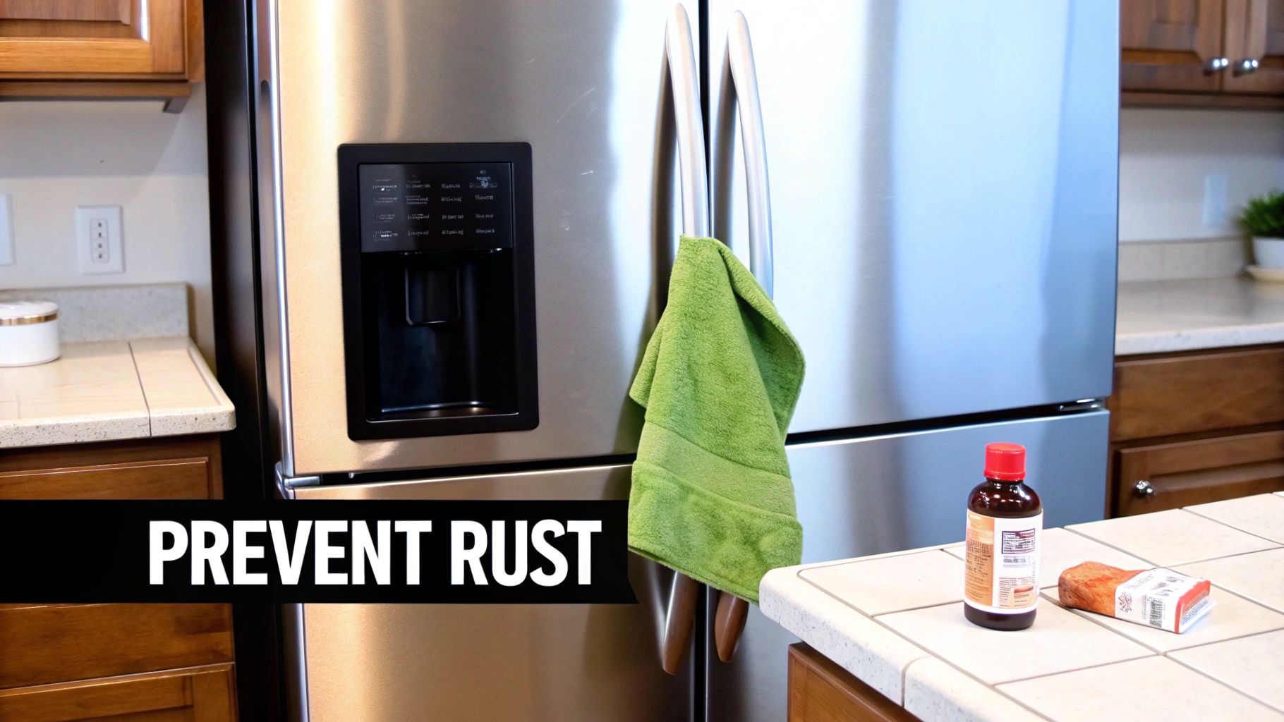 A pristine stainless steel refrigerator door being wiped down with a clean microfiber cloth.