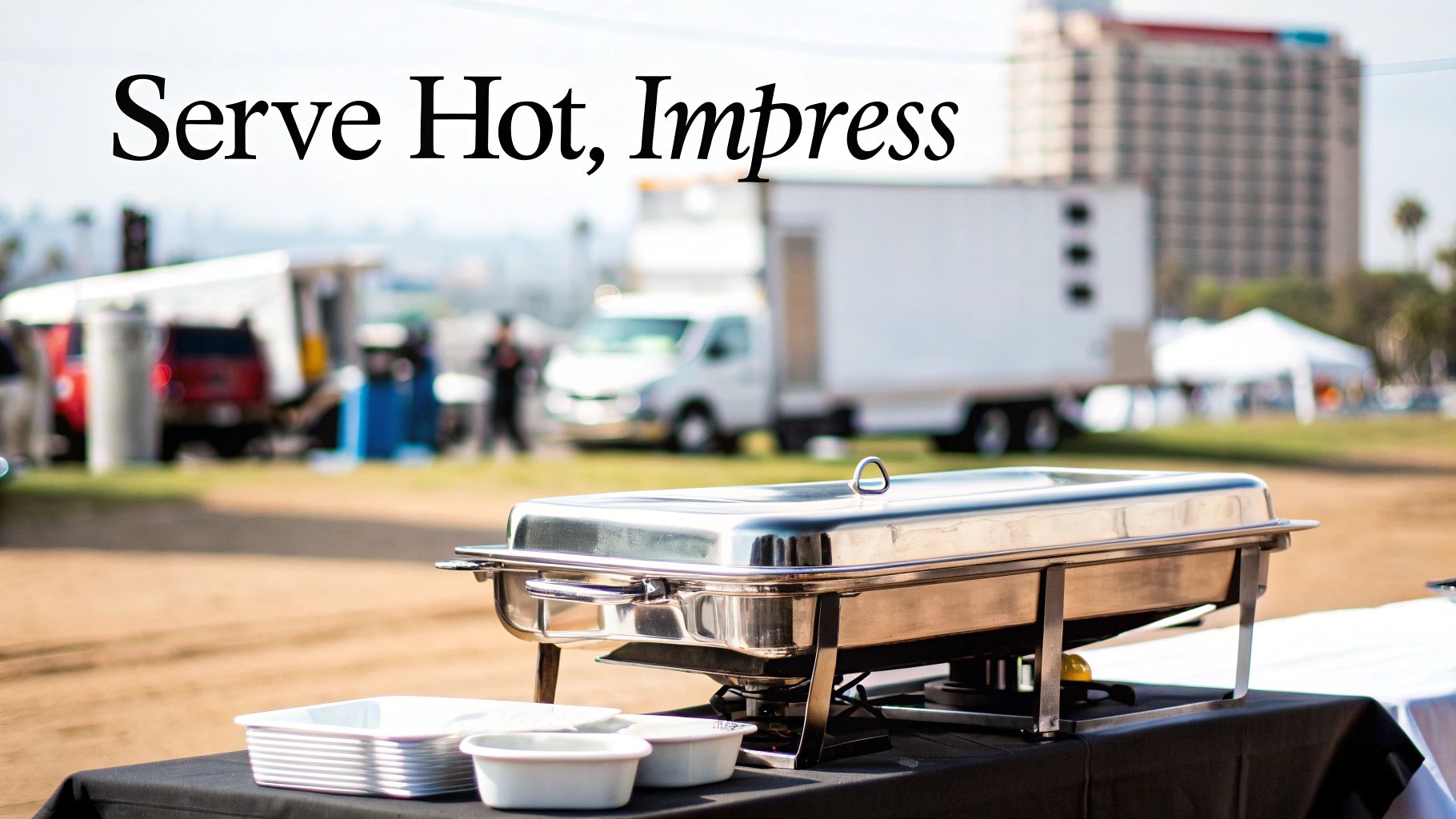 A stainless steel chafing dish and white serving dishes on a table at an outdoor catering event.
