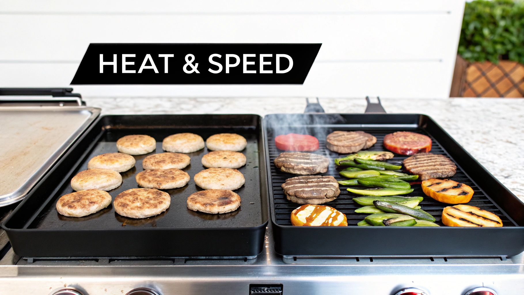 Food cooking on a stovetop griddle and grill pan, featuring patties, burgers, vegetables, and fruit.