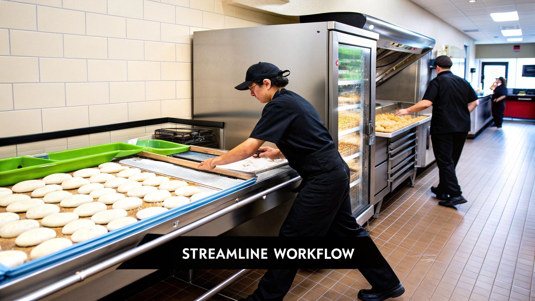 Food service staff efficiently prepare and serve meals in a busy commercial kitchen with display refrigerators.