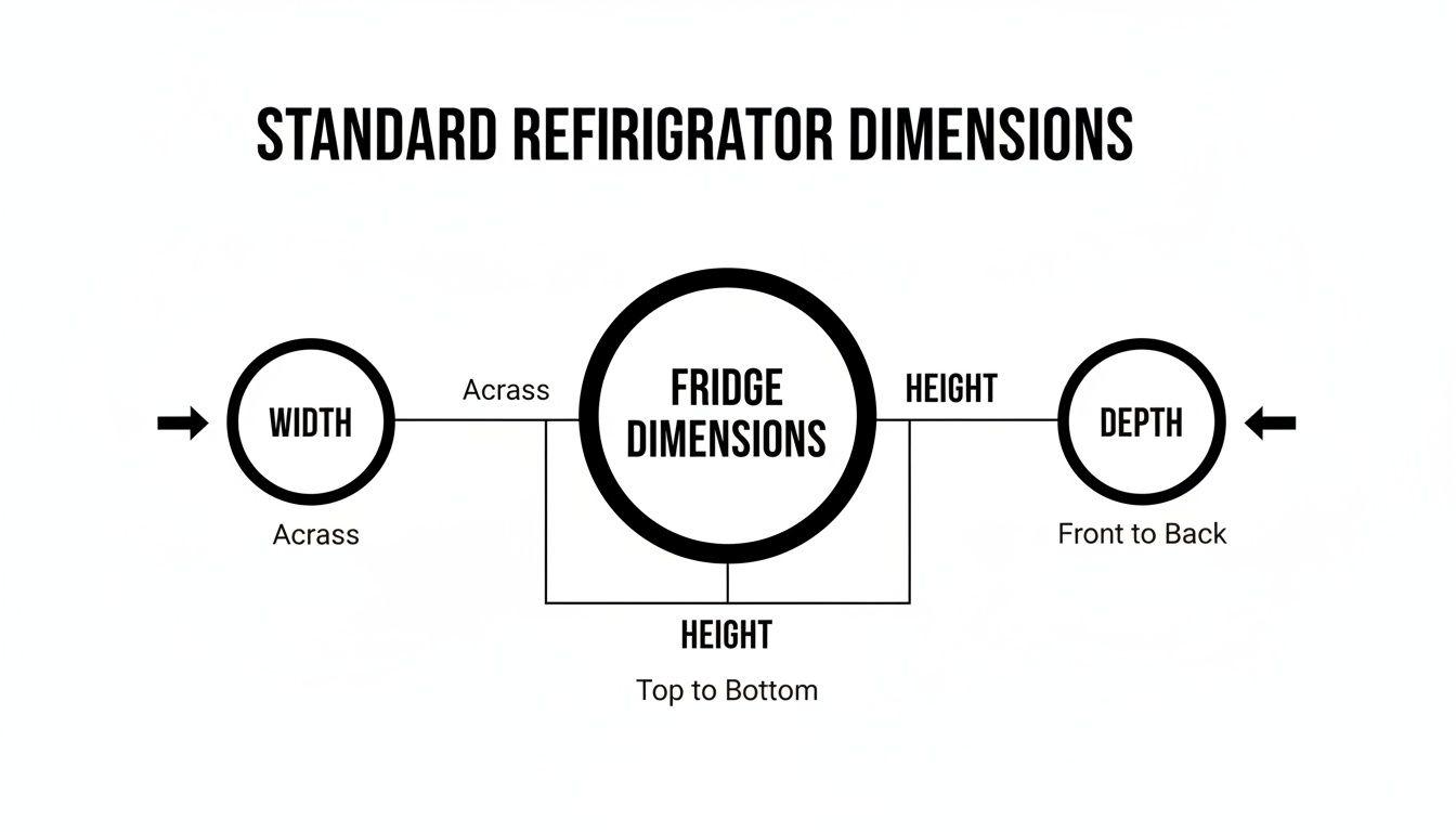 Diagram illustrating standard refrigerator dimensions: width (across), height (top to bottom), and depth (front to back).
