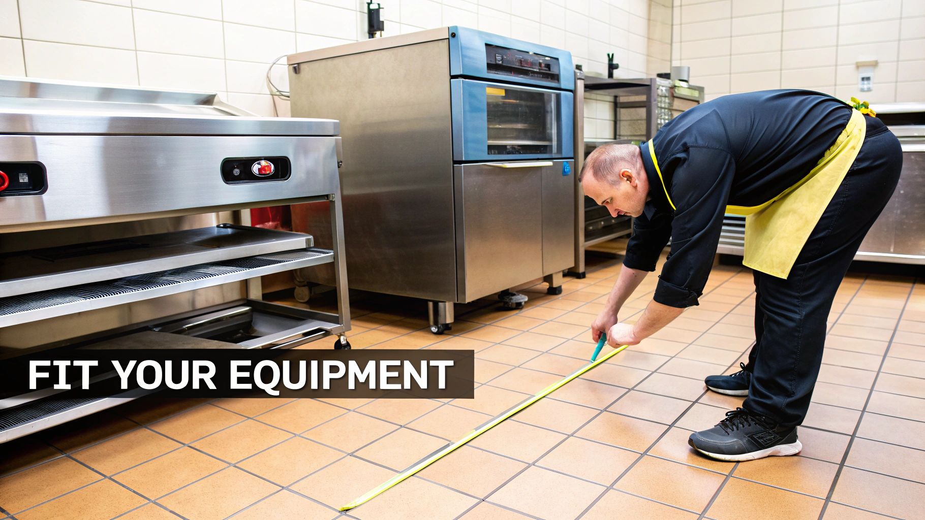 A person in a black uniform and yellow apron measures the floor of a commercial kitchen.