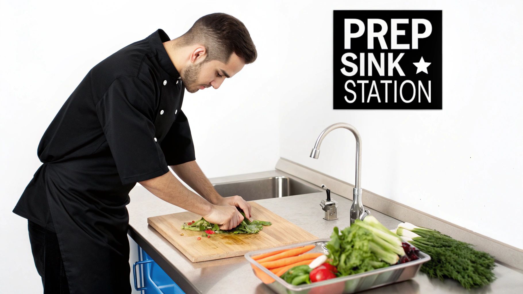 A chef in a black uniform chops vegetables at a modern prep sink station.