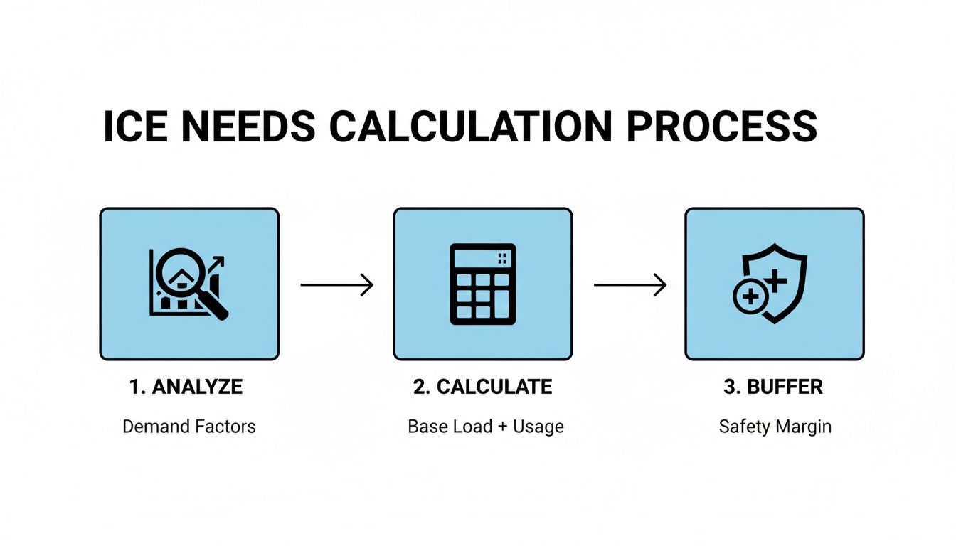 A flowchart showing the ICE needs calculation process: 1. Analyze Demand Factors, 2. Calculate Base Load + Usage, 3. Buffer Safety Margin.