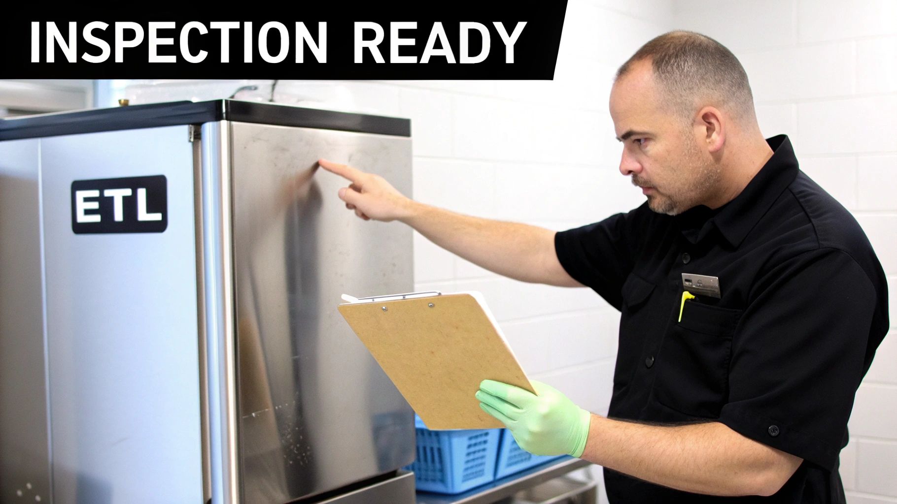 A man in green gloves inspects a stainless steel appliance with an ETL logo, holding a clipboard.