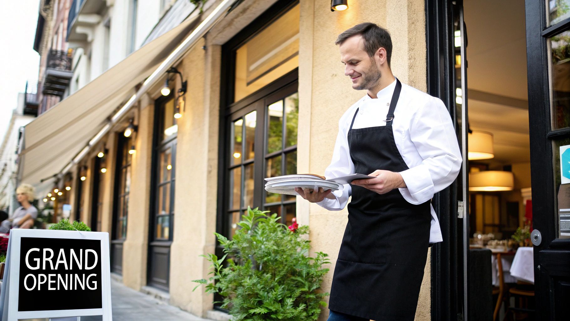 Two restaurant owners smiling while reviewing paperwork at a table in their establishment.