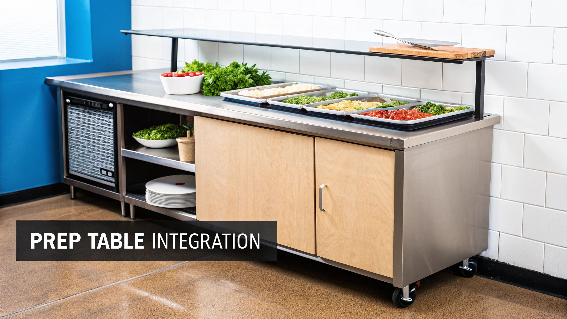 A commercial prep table with an integrated under-cabinet fridge, food pans, and storage cabinets.