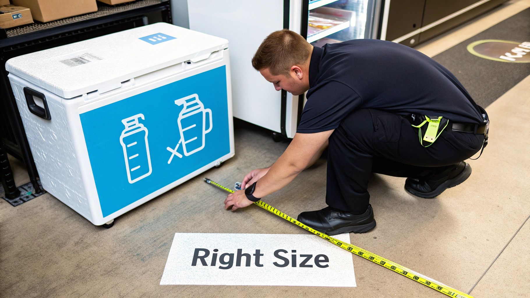A person precisely measures the floor in front of a cooler, with 'Right Size' label visible.