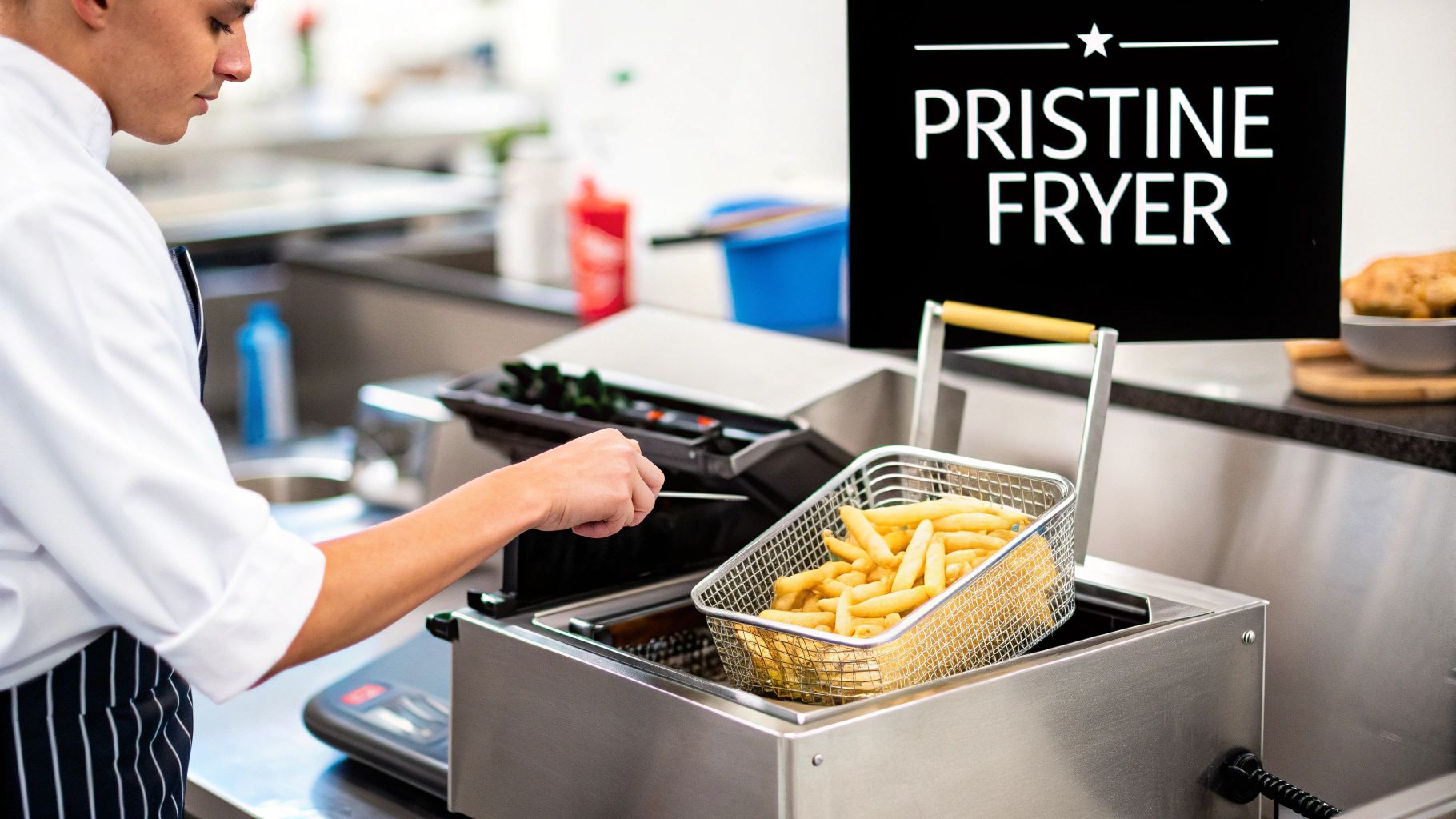 A chef operates a commercial deep fryer, cooking golden french fries, with a 'PRISTINE FRYER' sign.