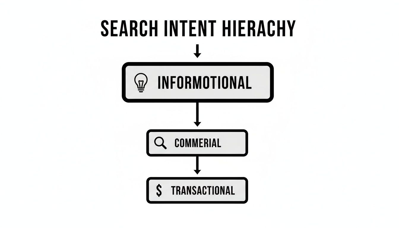 Diagram illustrating the search intent hierarchy: informational, commercial, and transactional search.