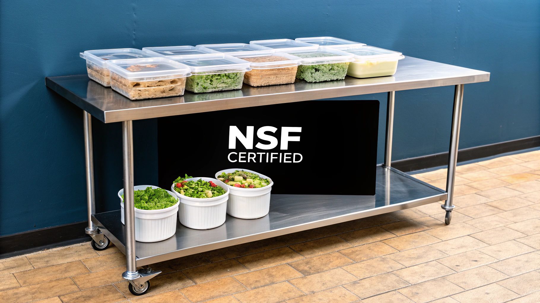 Commercial stainless steel work table with various food containers and bowls of fresh salad, NSF certified.