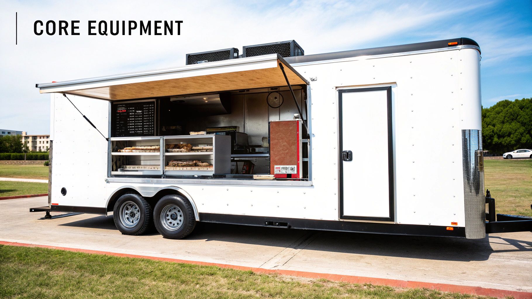 White food truck parked outdoors with serving window open, revealing kitchen equipment and ready-to-serve food.