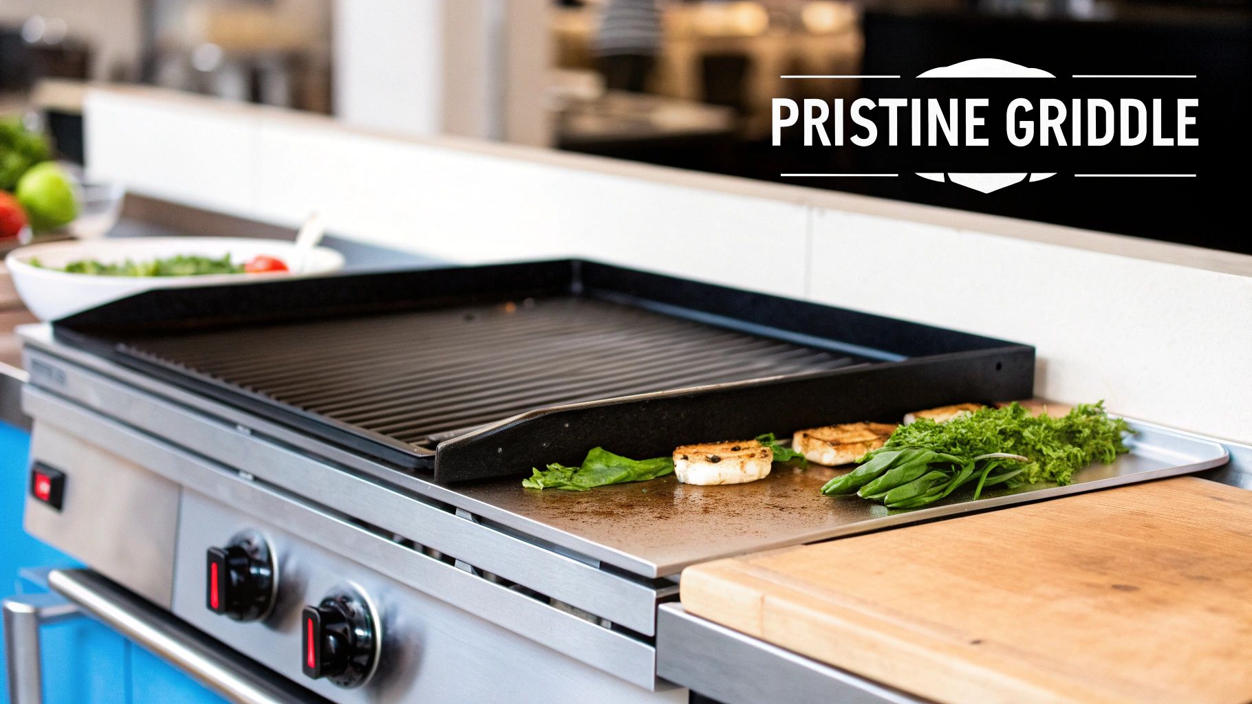 A chef cleaning a large, stainless steel commercial flat top grill in a professional kitchen.