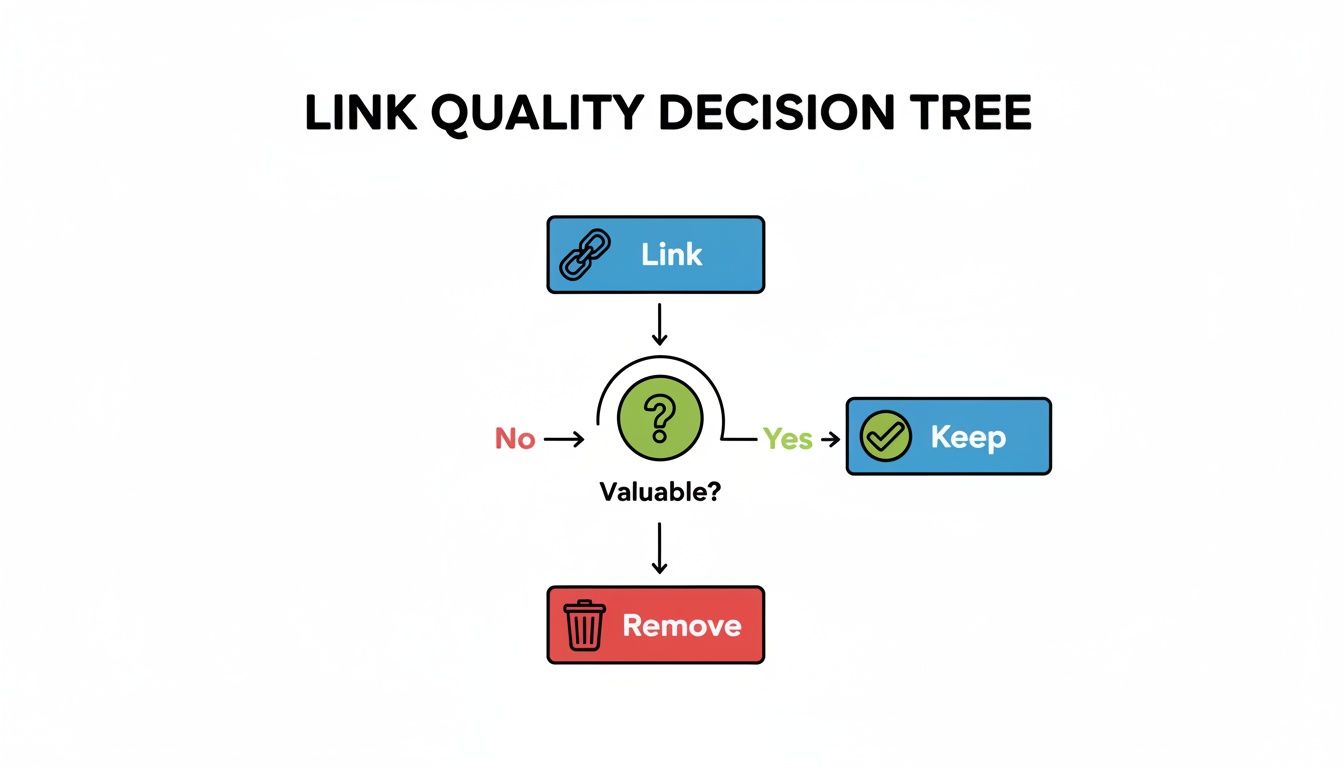 Flowchart illustrating a link quality decision tree: valuable links are kept, others removed.