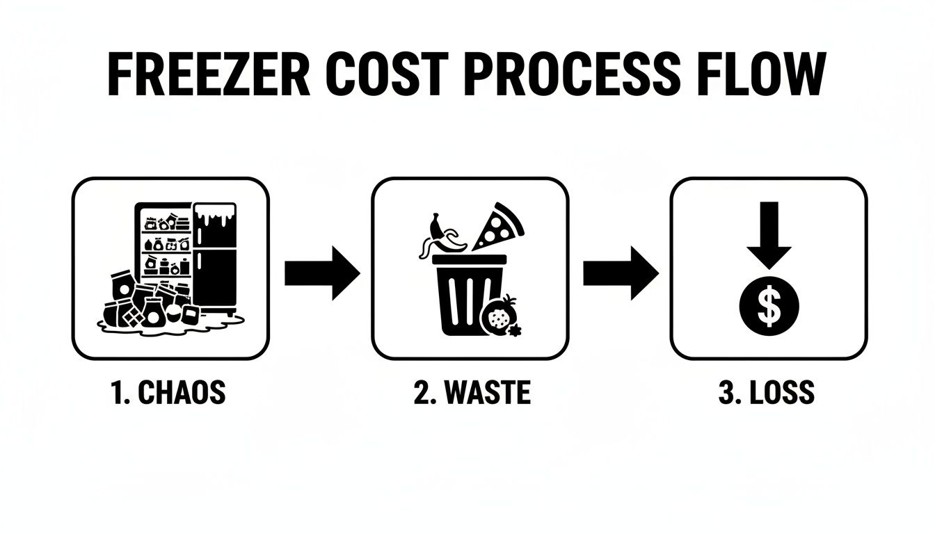 A flow chart illustrates how freezer disorganization leads to food waste and financial loss.