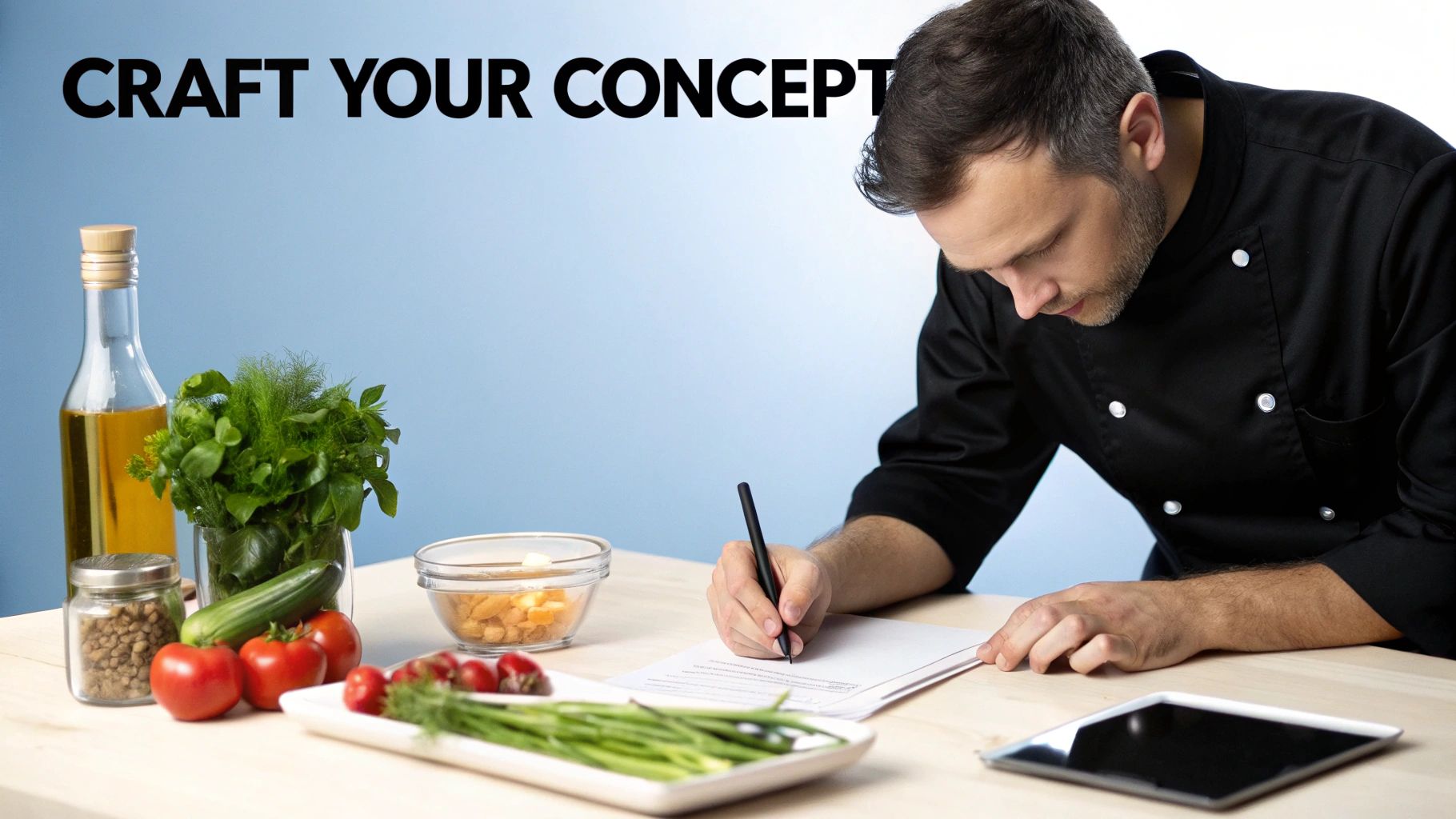 A chef in a black jacket writes on paper at a table with fresh ingredients, 'Craft Your Concept' text above.