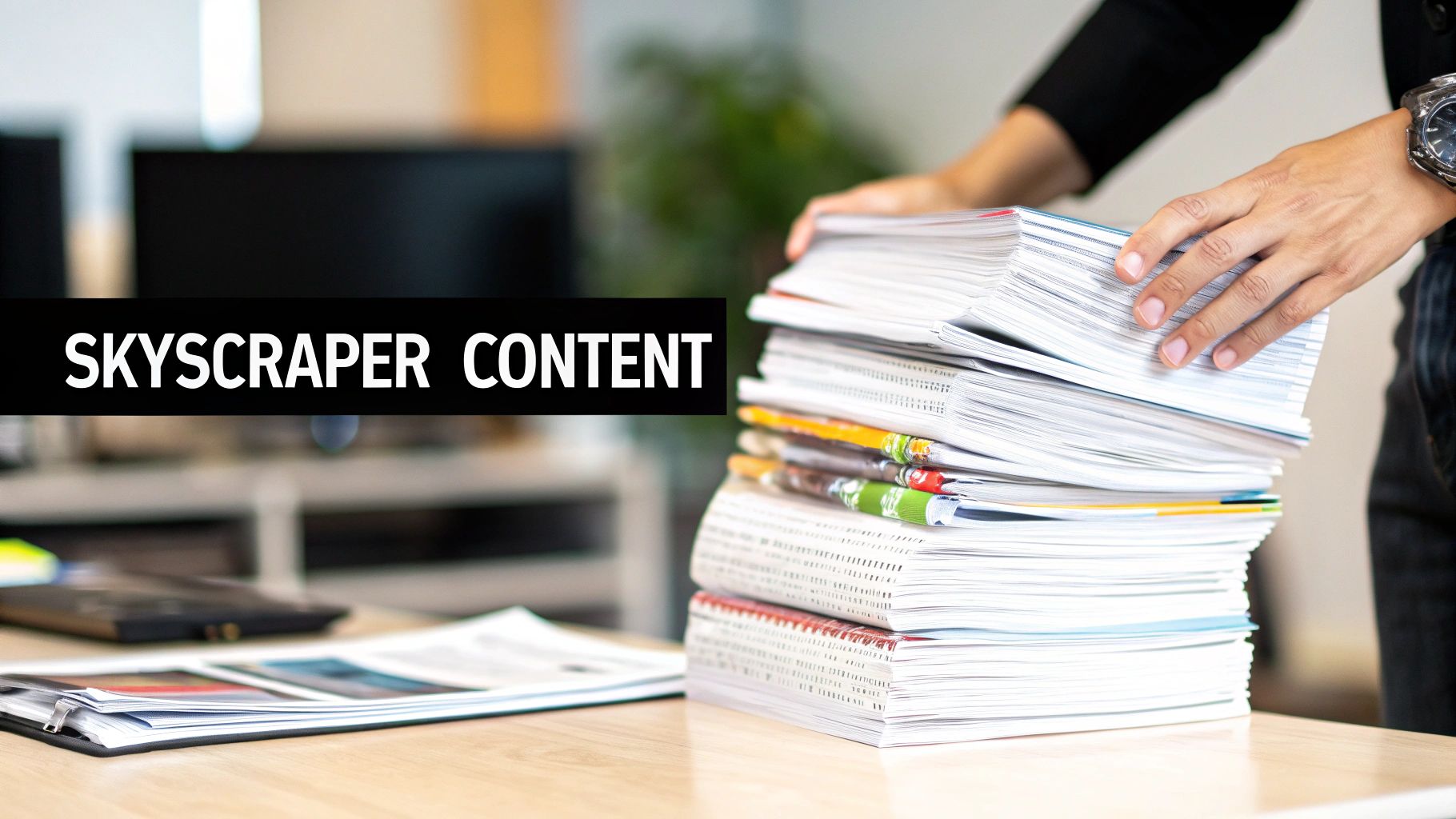A person stacks documents on a large pile of papers on a desk, representing skyscraper content.