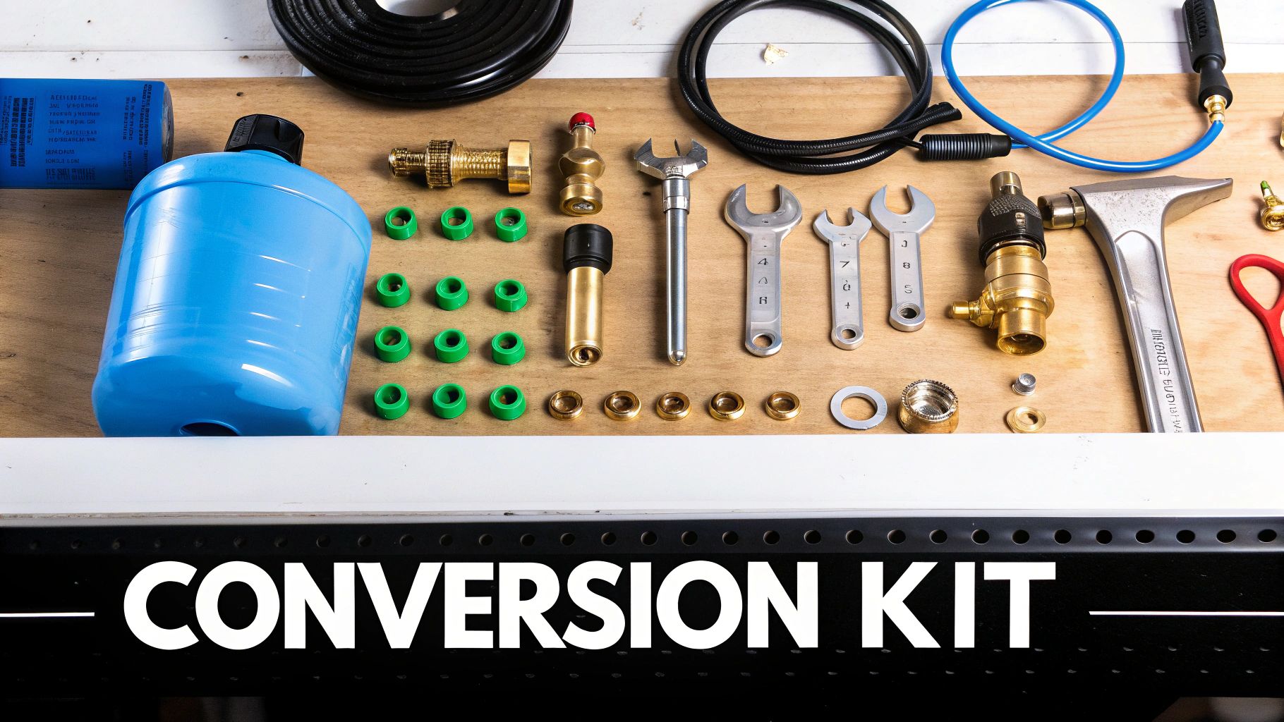 A conversion kit with various tools, hoses, brass fittings, a blue cylinder, and green rings on wood.