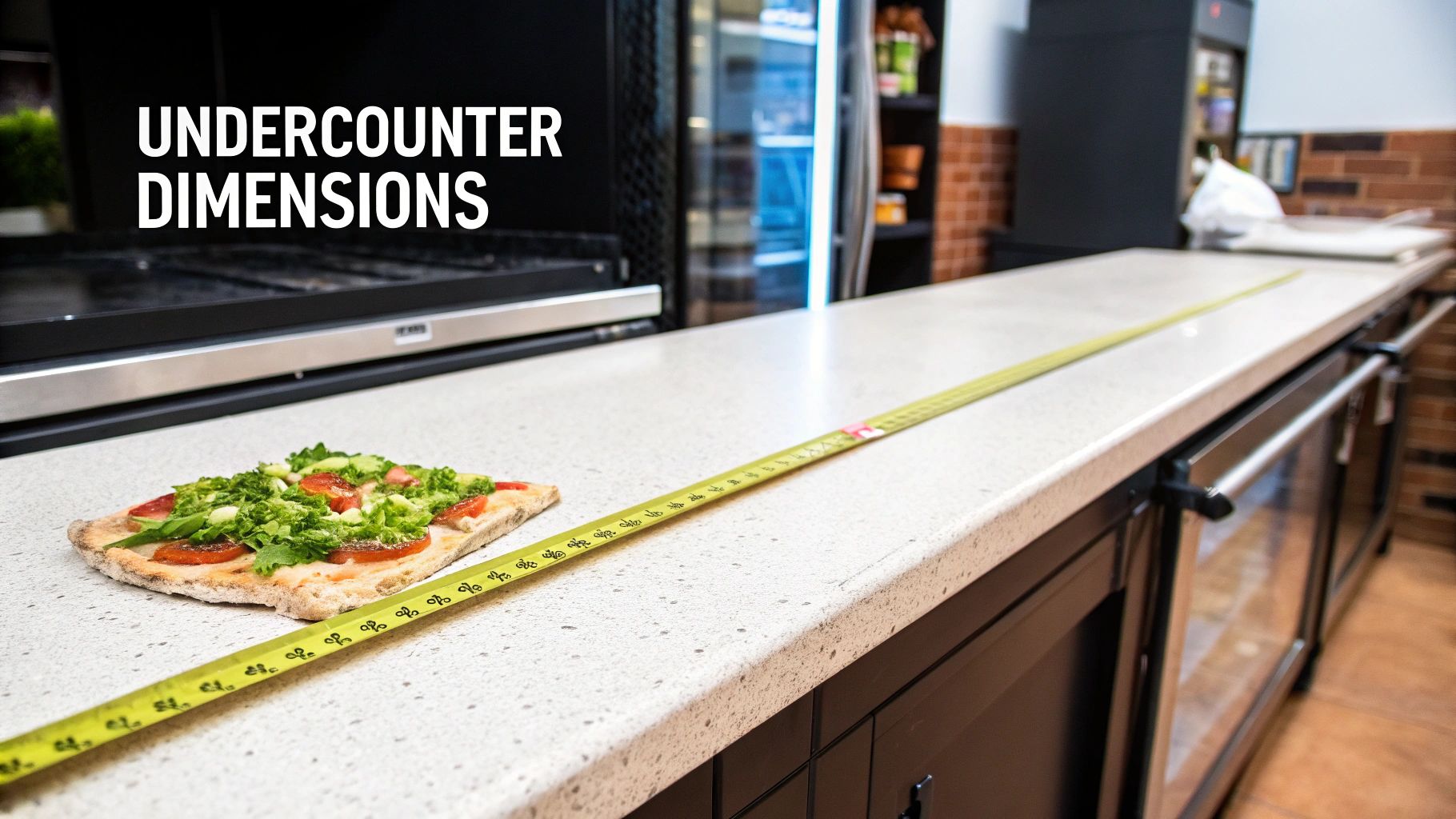 Measuring tape laid across a long commercial counter next to a flatbread pizza, with undercounter units below.