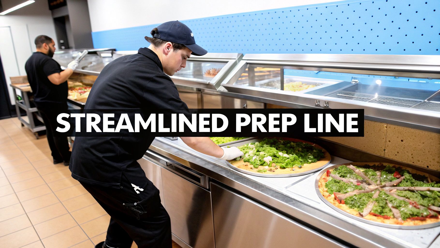 A chef preparing a pizza on a spacious commercial stainless steel countertop, with various toppings in containers neatly arranged in a refrigerated rail.