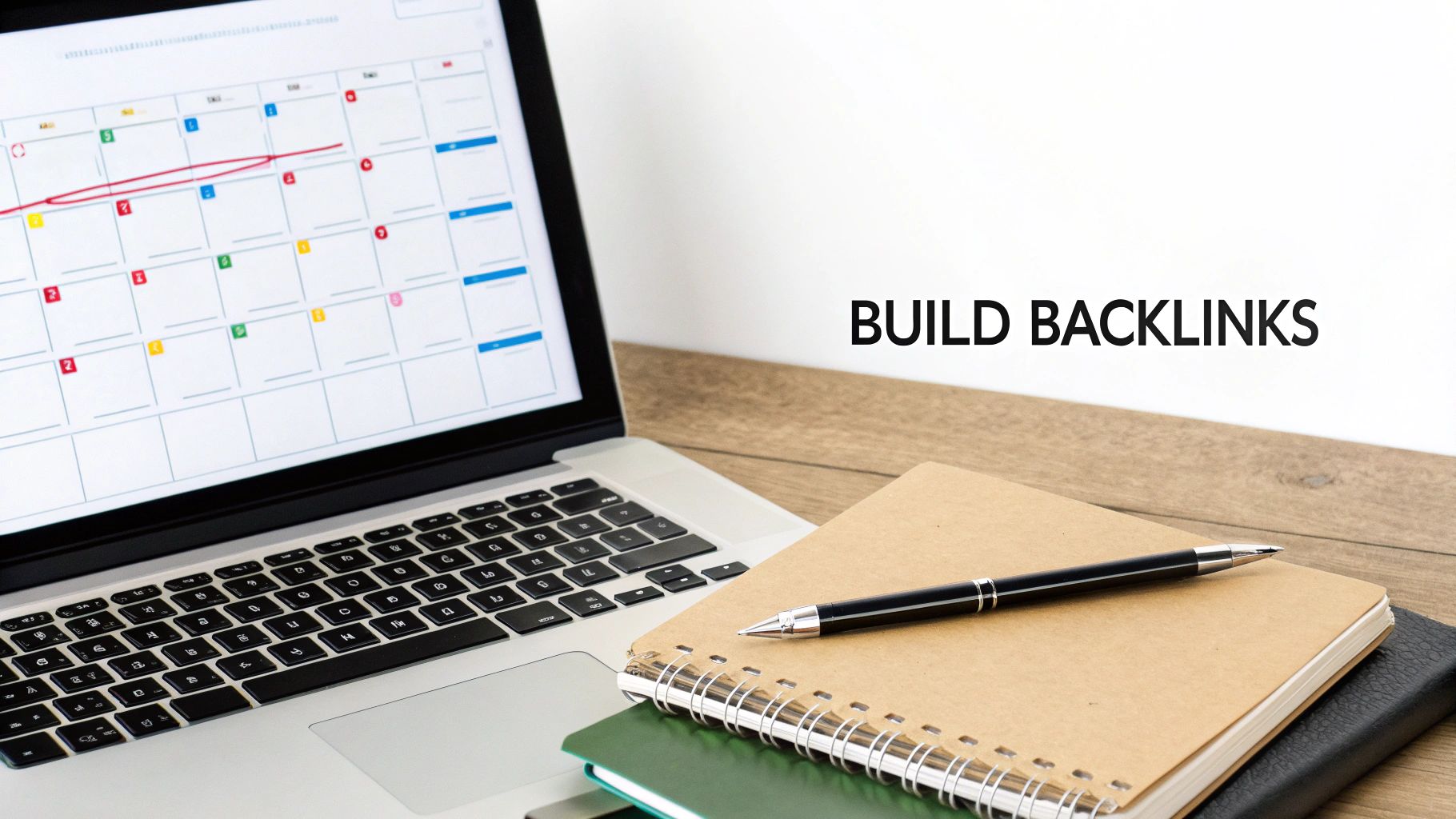 A laptop displaying a calendar and 'BUILD BACKLINKS' text, with notebooks and a pen on a wooden desk.