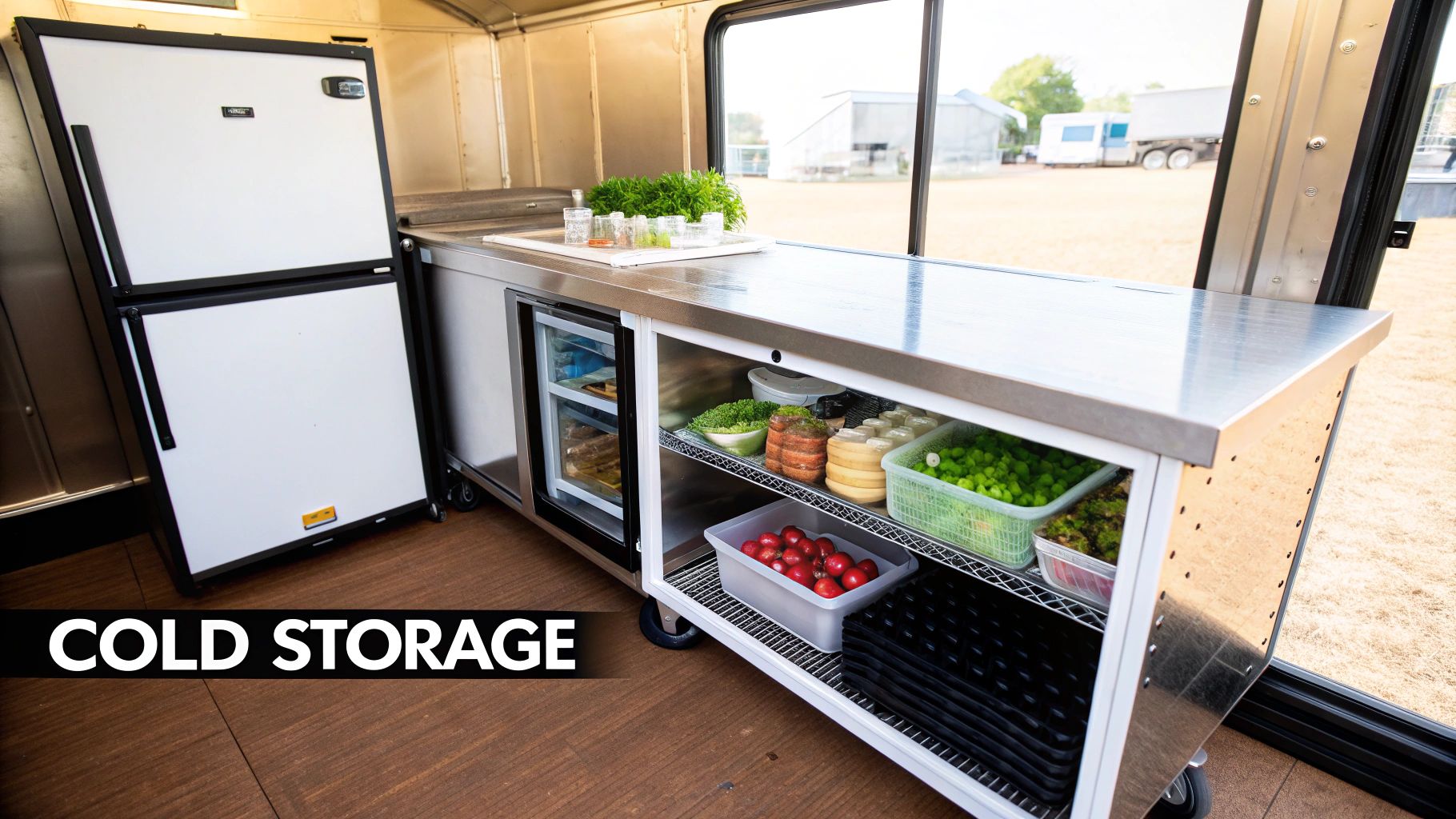 A person working inside a food truck, with stainless steel surfaces and equipment visible.