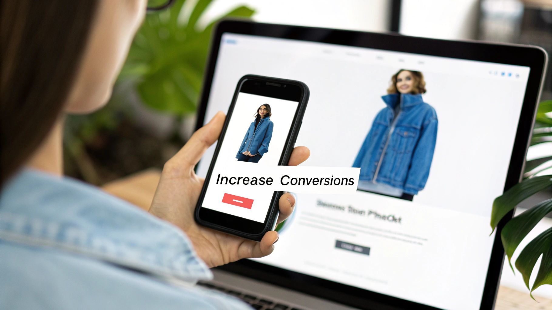 A person holding a smartphone displaying 'Increase Conversions' while viewing an e-commerce site on a laptop.