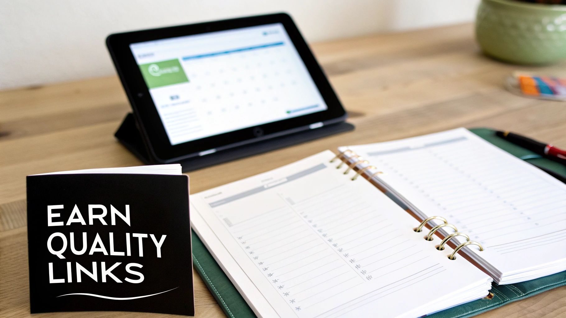 A desk setup with a tablet, an open planner, and a sign saying 'EARN QUALITY LINKS'.