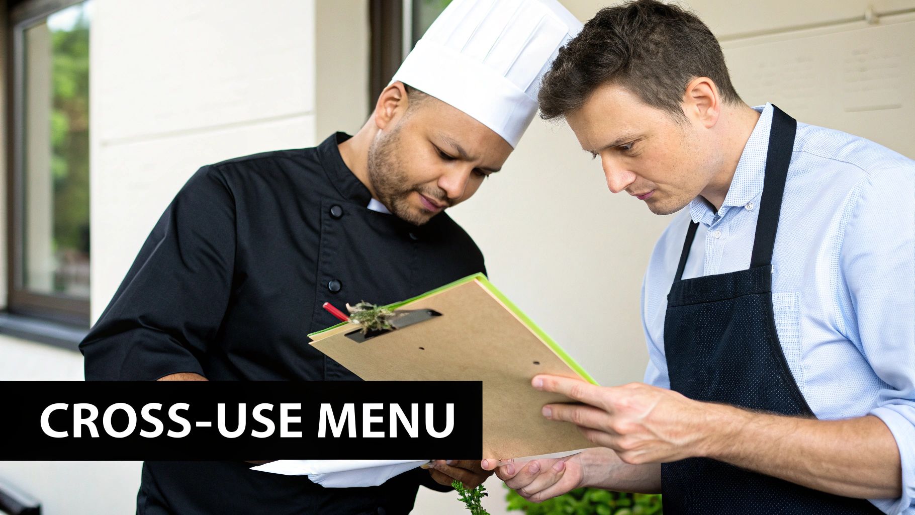 Two restaurant professionals, a chef and another worker, intently review a cross-use menu on a clipboard.