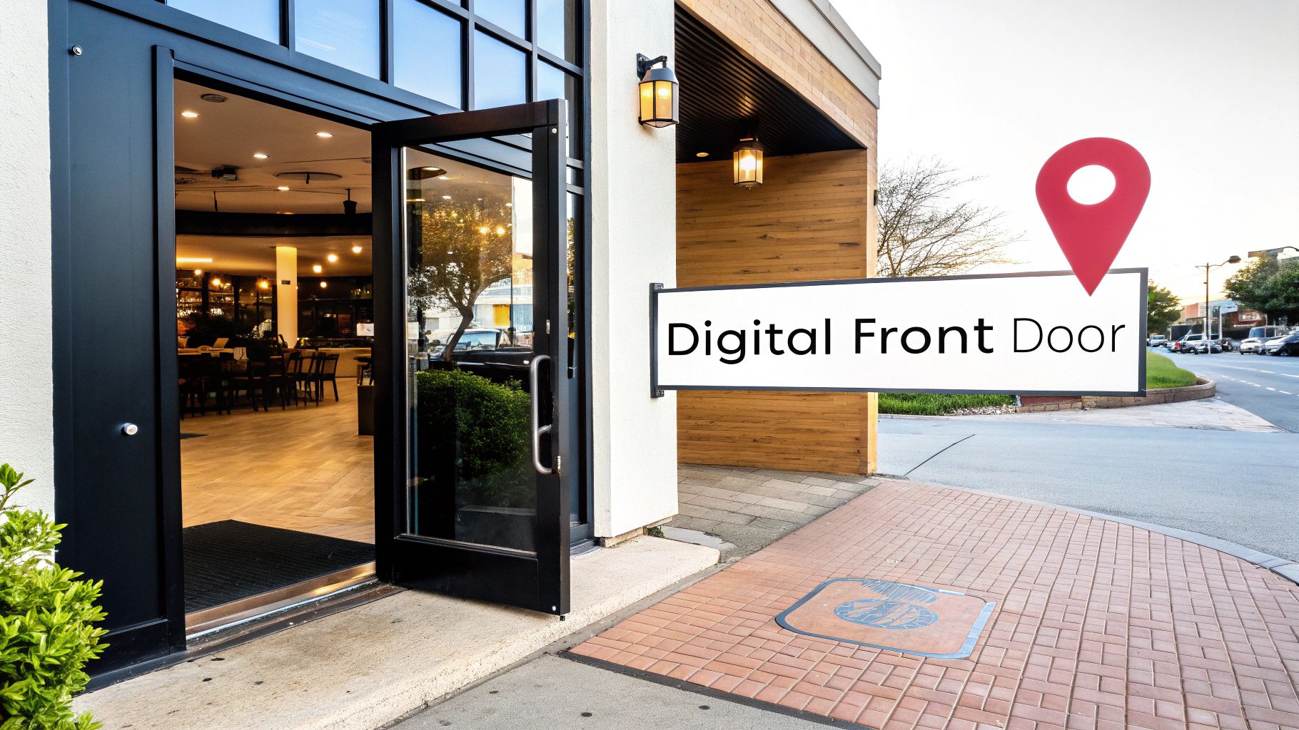 Modern business entrance with an open glass door, a 'Digital Front Door' sign, and a location pin.