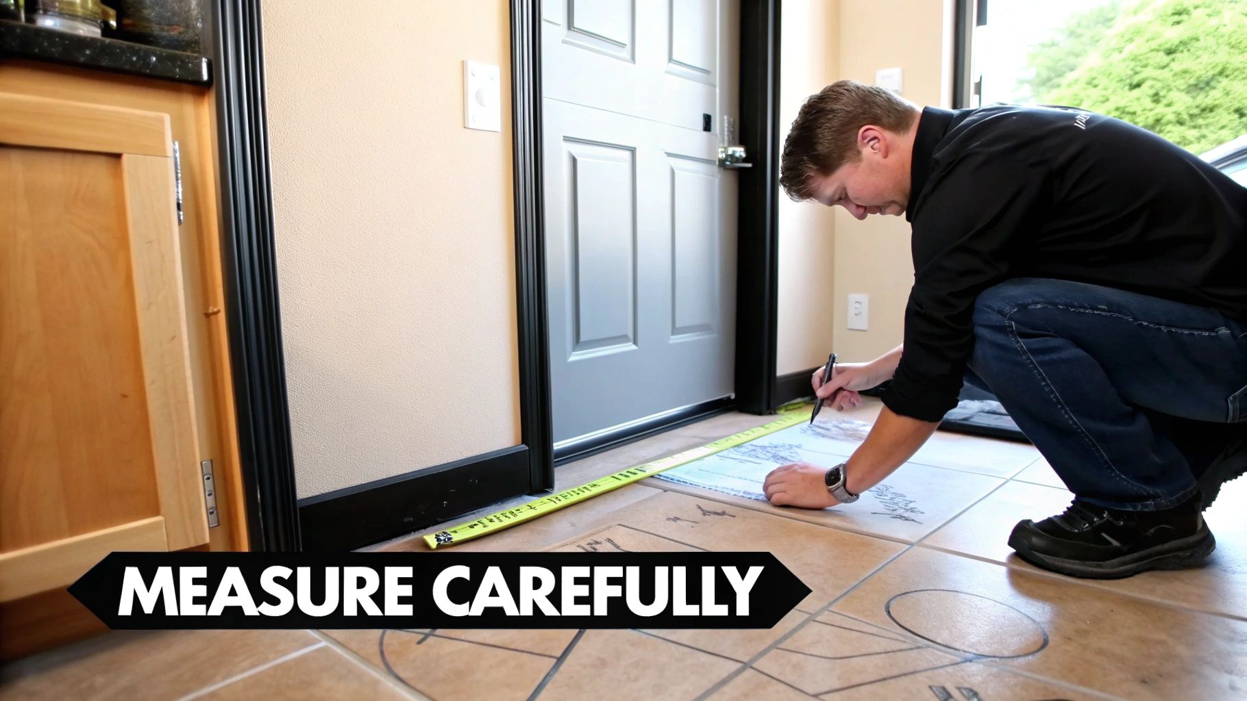 A person using a tape measure to check the width of a doorway in a commercial kitchen, ensuring a new refrigerator can pass through.