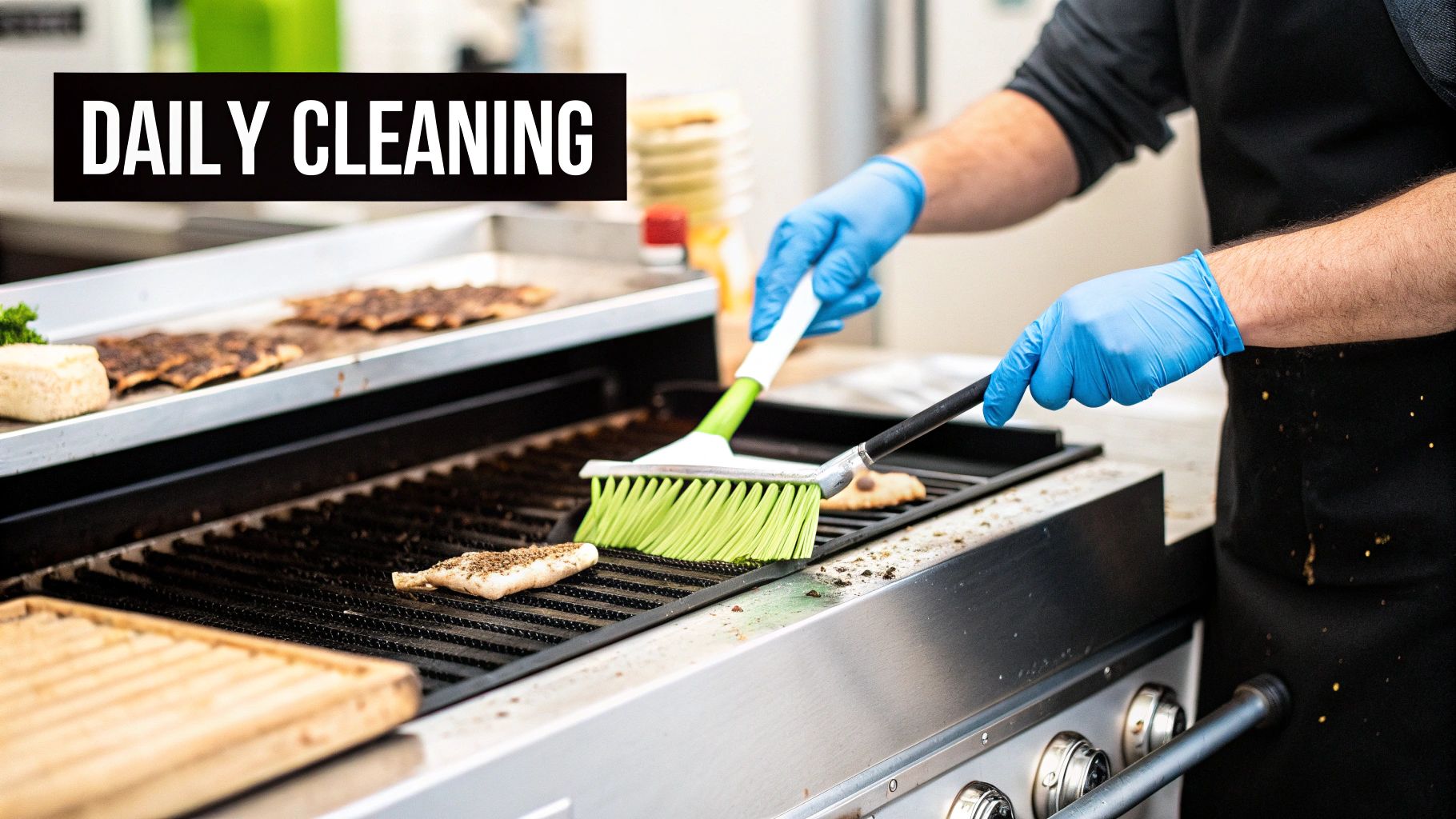 A person in blue gloves thoroughly cleans a barbecue grill with a green brush.