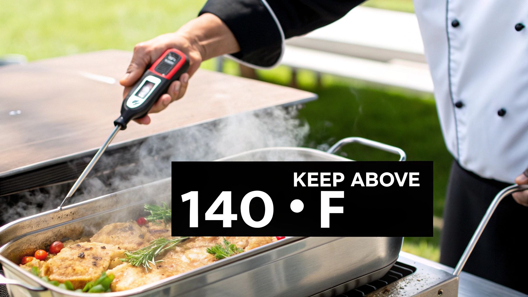 Chef using a digital thermometer to check food temperature in a stainless steel chafing dish, ensuring it stays above 140°F.