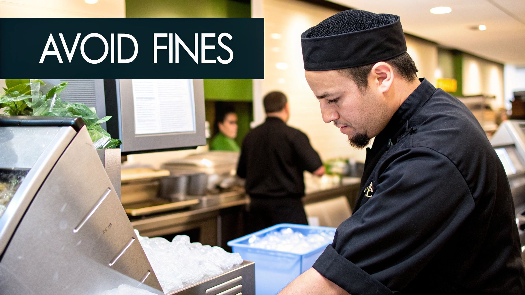 A chef in a black uniform working with ice in a commercial kitchen, with a text overlay 'AVOID FINES'.