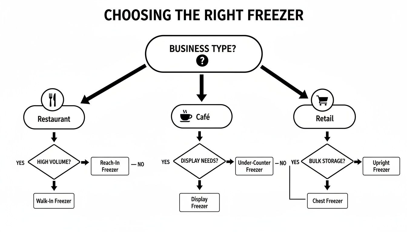 Flowchart guiding freezer selection based on business type and storage needs for restaurants, cafes, and retail.