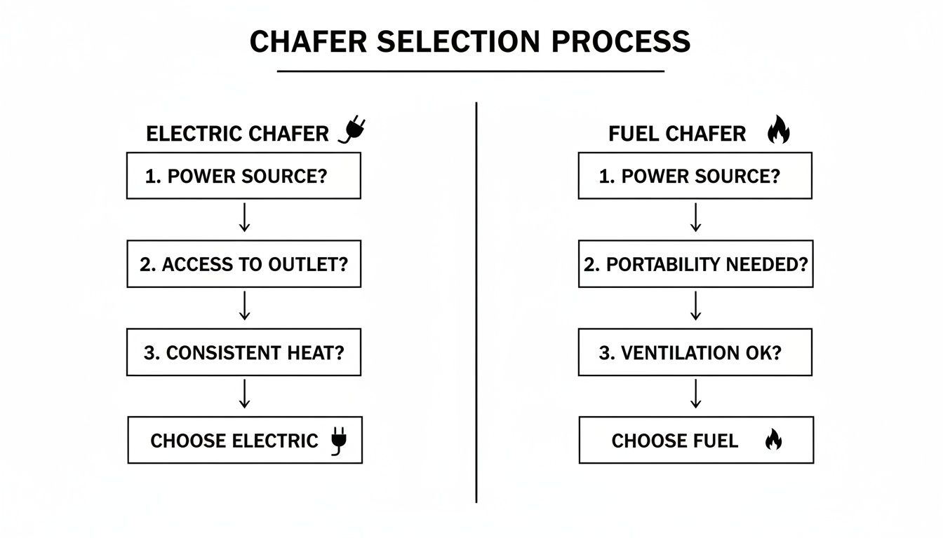 Flowchart illustrating the chafer selection process, comparing electric and fuel options based on power, portability, and heat.