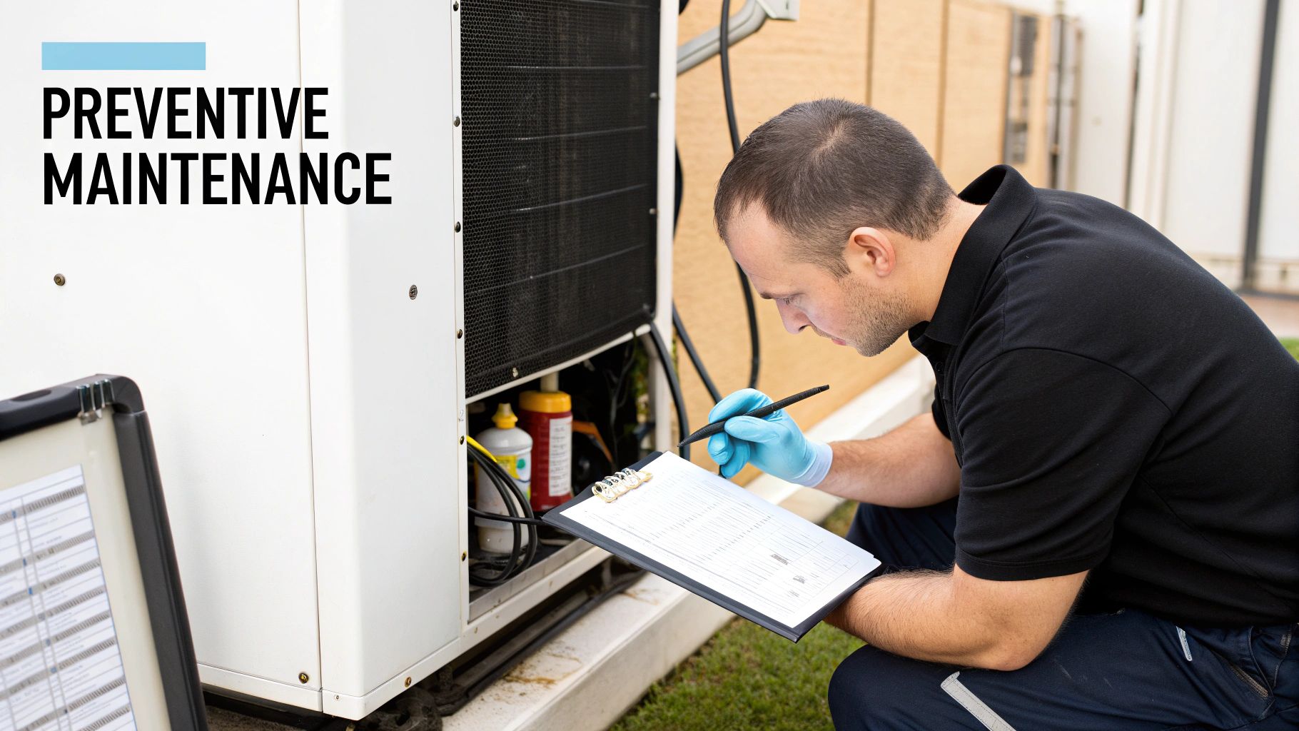 A technician in blue gloves performing preventive maintenance on an outdoor HVAC or refrigeration unit, checking a checklist.