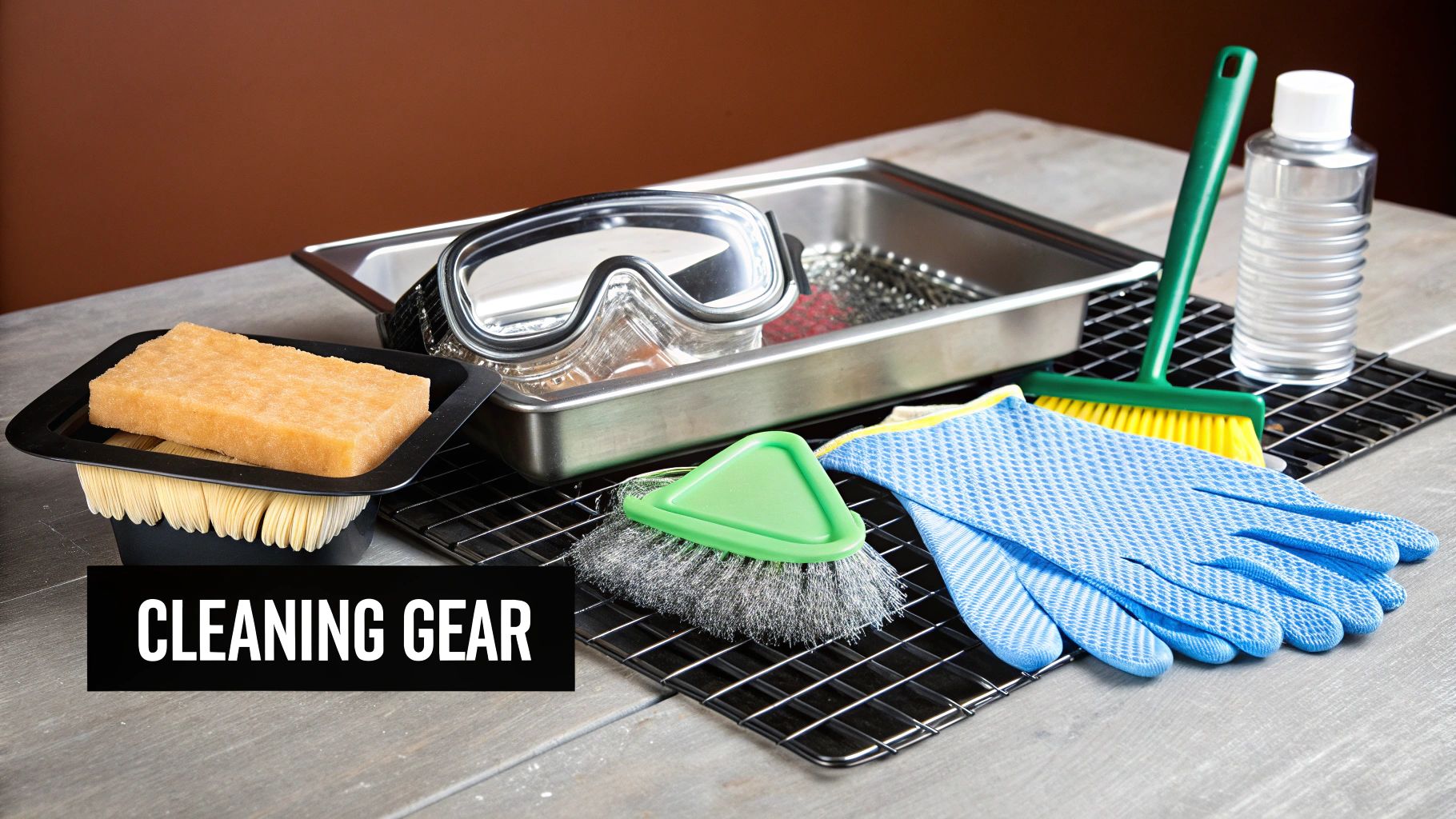 A comprehensive collection of cleaning gear and supplies, including brushes, sponges, gloves, and safety goggles.