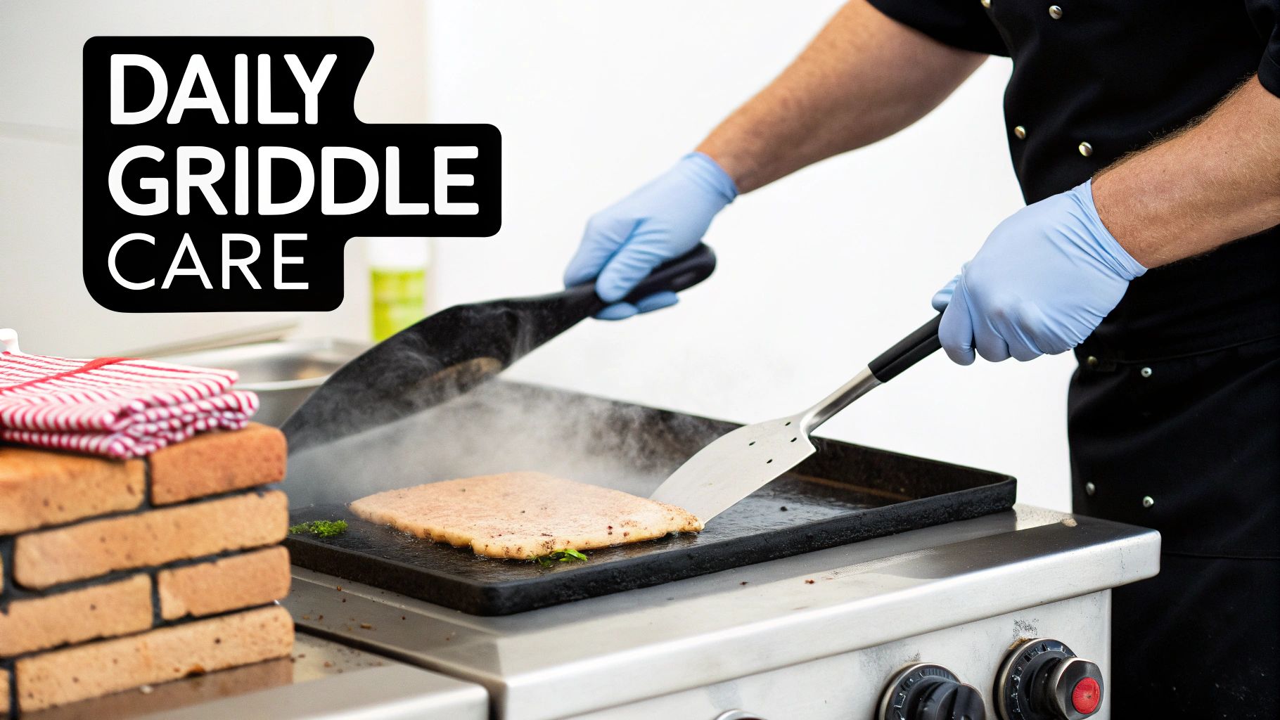 A chef wearing blue gloves cooks food on a griddle, with a 'Daily Griddle Care' sign.