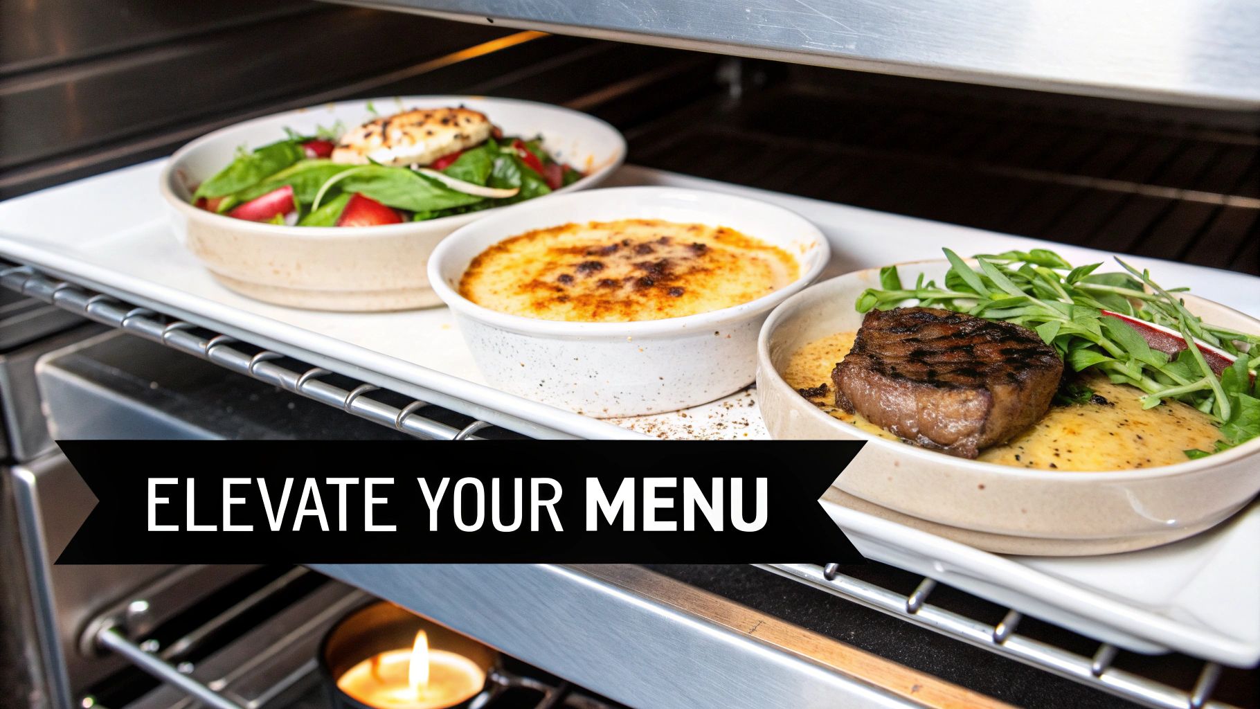 Delicious prepared meals: a salad, a creamy gratin, and a grilled steak inside a commercial warming unit.