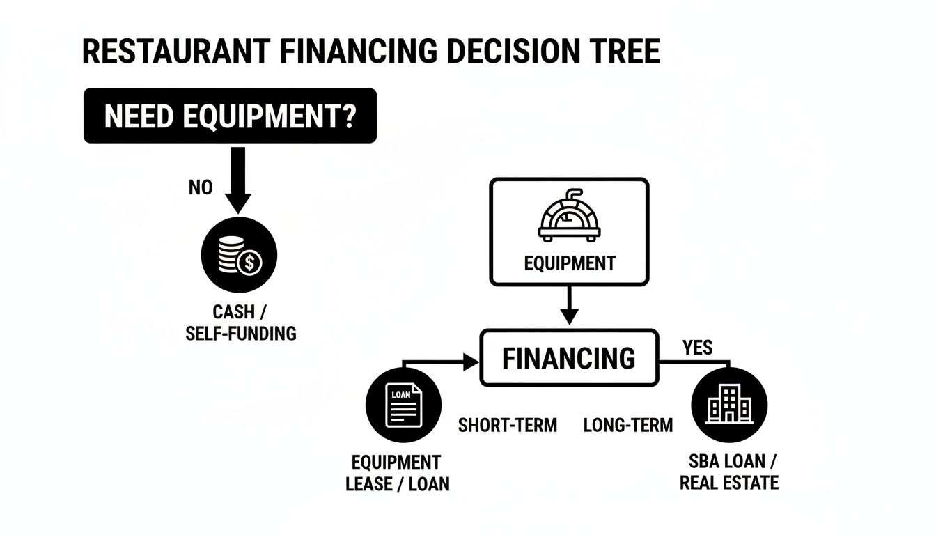A decision tree illustrating restaurant equipment financing options including cash, lease, and SBA loans.