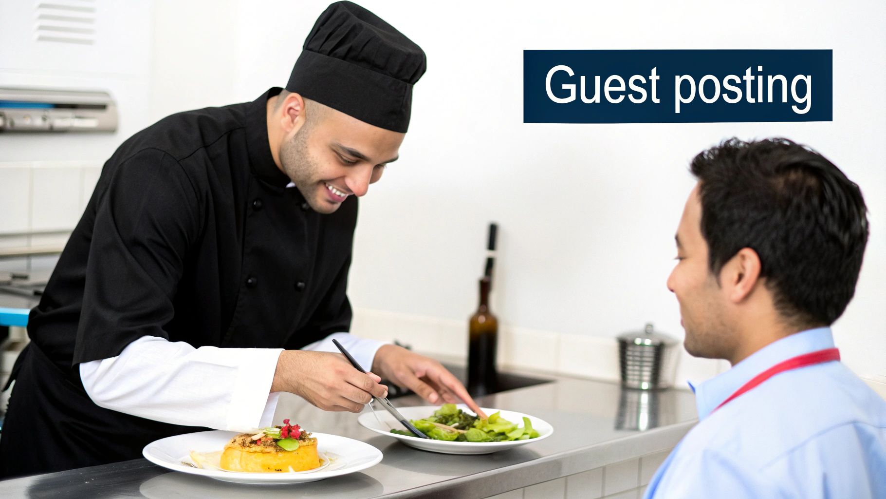 A smiling chef carefully plates a fresh salad for a guest in a professional kitchen.