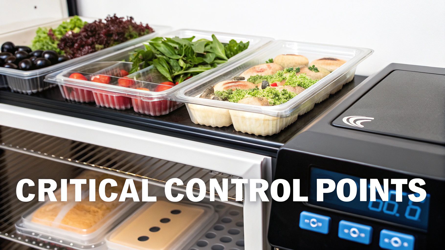 Commercial refrigerator displaying prepared food containers with HACCP critical control points monitoring system