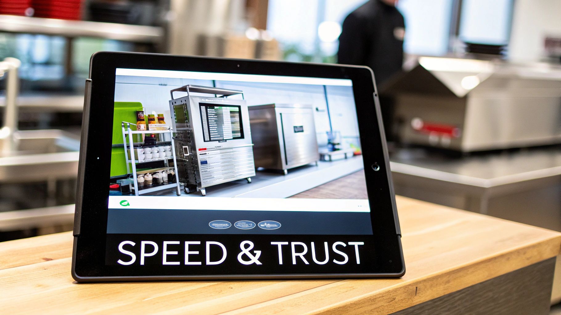 A tablet displays modern professional kitchen equipment and the text 'SPEED & TRUST' on a wooden counter.
