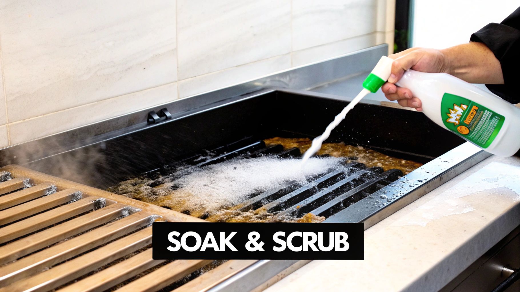 A person sprays cleaning solution onto a dirty, hot stainless steel grill for soaking and scrubbing.